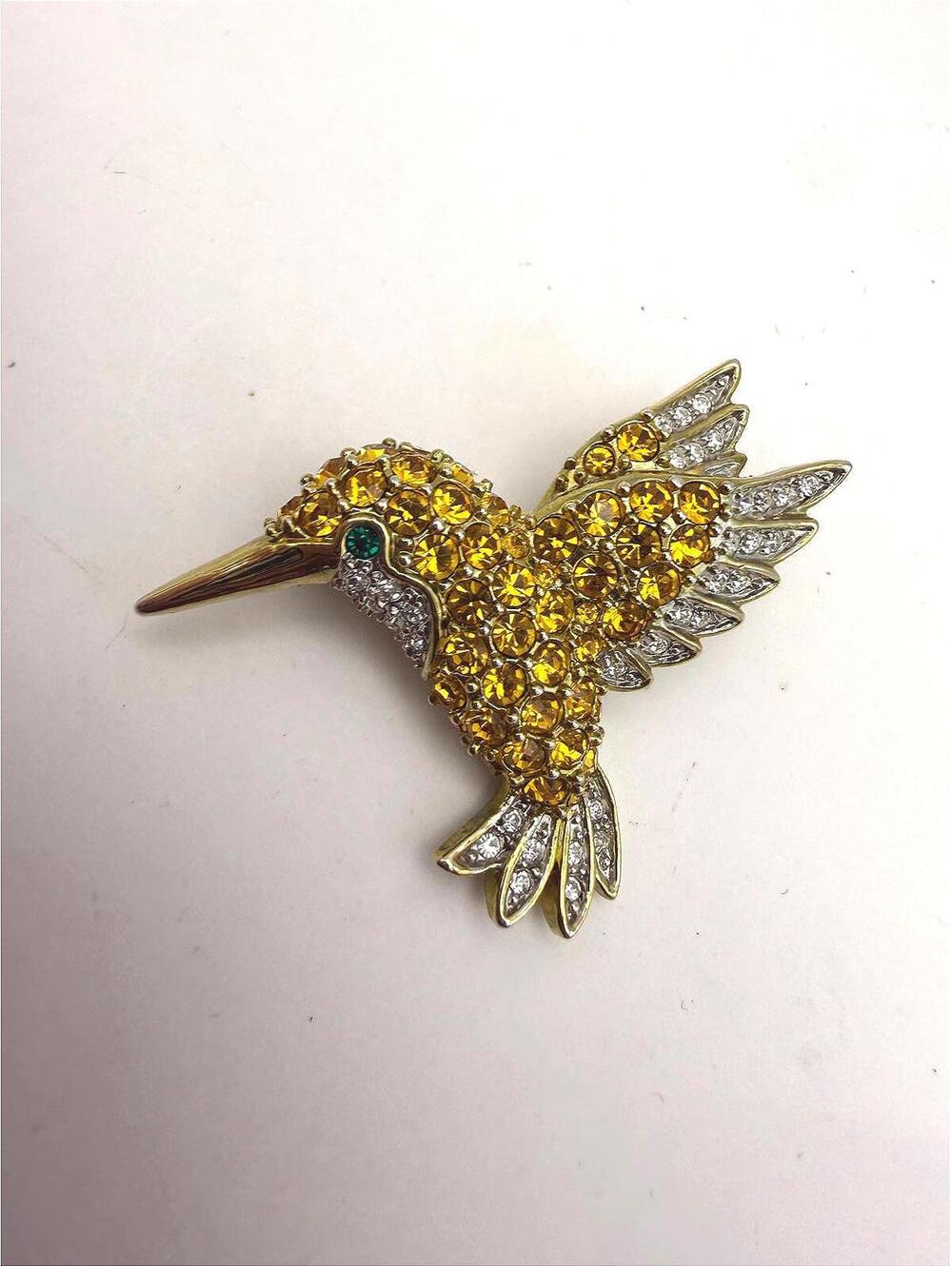 Vintage Hummingbird Brooch with Yellow and Clear Rhinestones